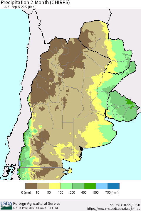 Southern South America Precipitation 2-Month (CHIRPS) Thematic Map For 7/6/2022 - 9/5/2022