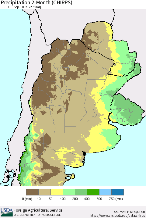 Southern South America Precipitation 2-Month (CHIRPS) Thematic Map For 7/11/2022 - 9/10/2022