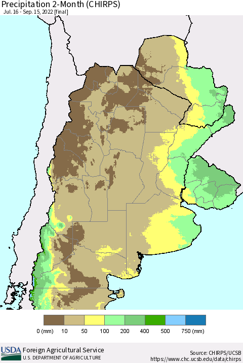 Southern South America Precipitation 2-Month (CHIRPS) Thematic Map For 7/16/2022 - 9/15/2022