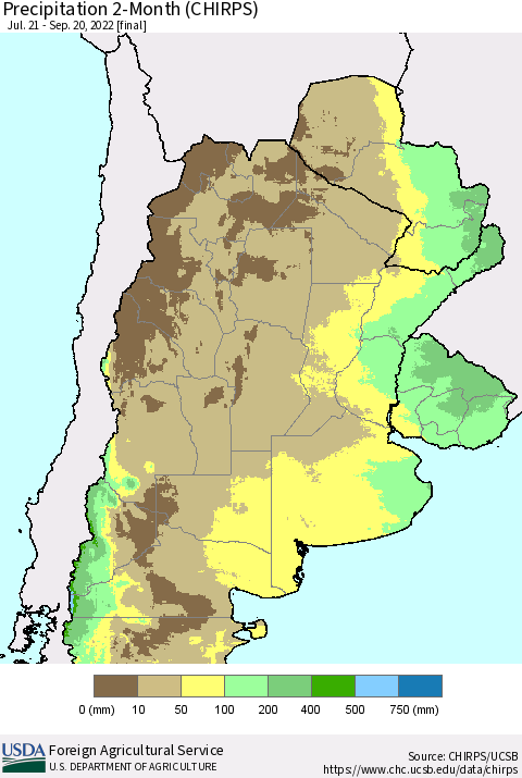 Southern South America Precipitation 2-Month (CHIRPS) Thematic Map For 7/21/2022 - 9/20/2022