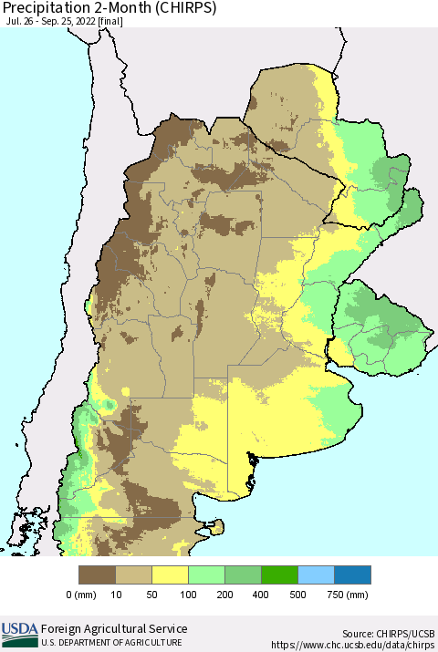 Southern South America Precipitation 2-Month (CHIRPS) Thematic Map For 7/26/2022 - 9/25/2022