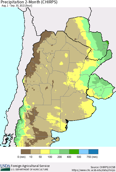 Southern South America Precipitation 2-Month (CHIRPS) Thematic Map For 8/1/2022 - 9/30/2022