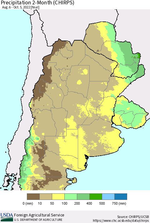 Southern South America Precipitation 2-Month (CHIRPS) Thematic Map For 8/6/2022 - 10/5/2022