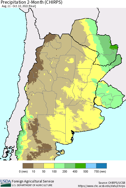 Southern South America Precipitation 2-Month (CHIRPS) Thematic Map For 8/11/2022 - 10/10/2022