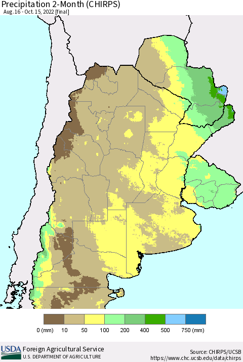 Southern South America Precipitation 2-Month (CHIRPS) Thematic Map For 8/16/2022 - 10/15/2022