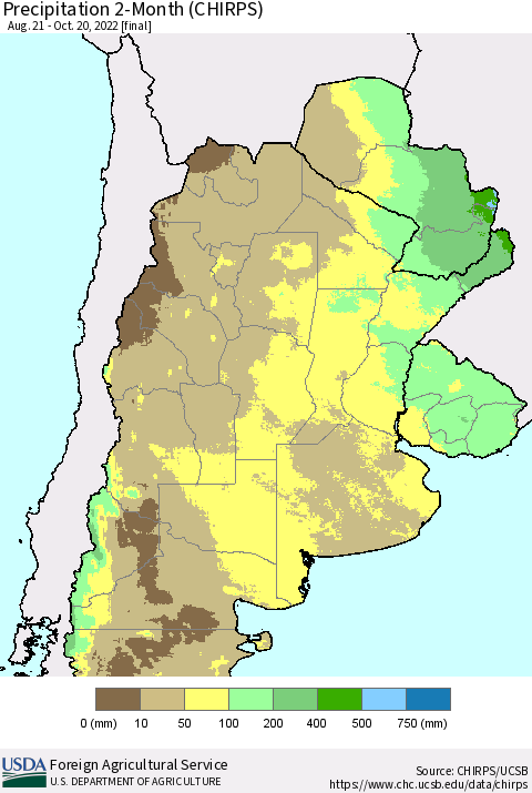 Southern South America Precipitation 2-Month (CHIRPS) Thematic Map For 8/21/2022 - 10/20/2022