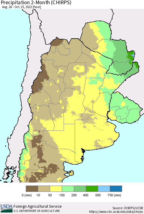 Southern South America Precipitation 2-Month (CHIRPS) Thematic Map For 8/26/2022 - 10/25/2022