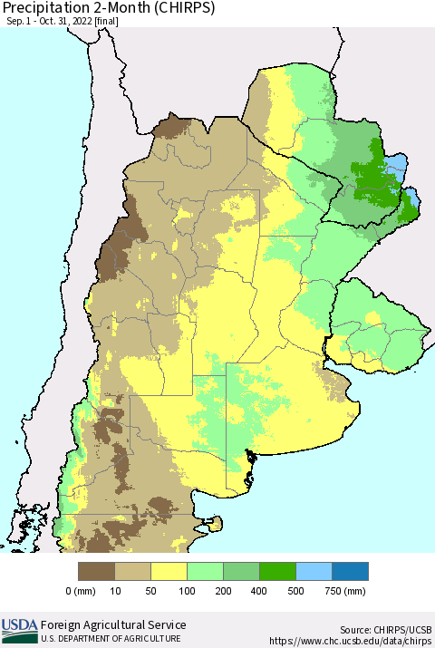 Southern South America Precipitation 2-Month (CHIRPS) Thematic Map For 9/1/2022 - 10/31/2022