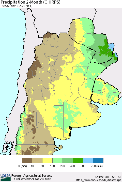 Southern South America Precipitation 2-Month (CHIRPS) Thematic Map For 9/6/2022 - 11/5/2022