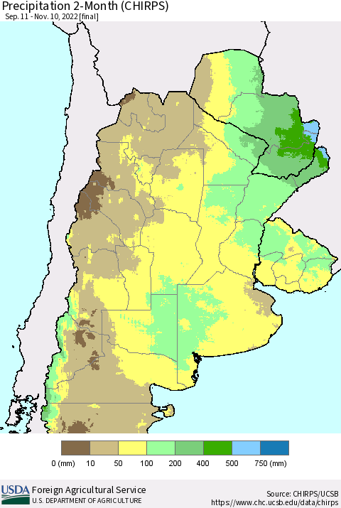 Southern South America Precipitation 2-Month (CHIRPS) Thematic Map For 9/11/2022 - 11/10/2022