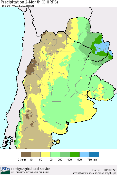 Southern South America Precipitation 2-Month (CHIRPS) Thematic Map For 9/16/2022 - 11/15/2022