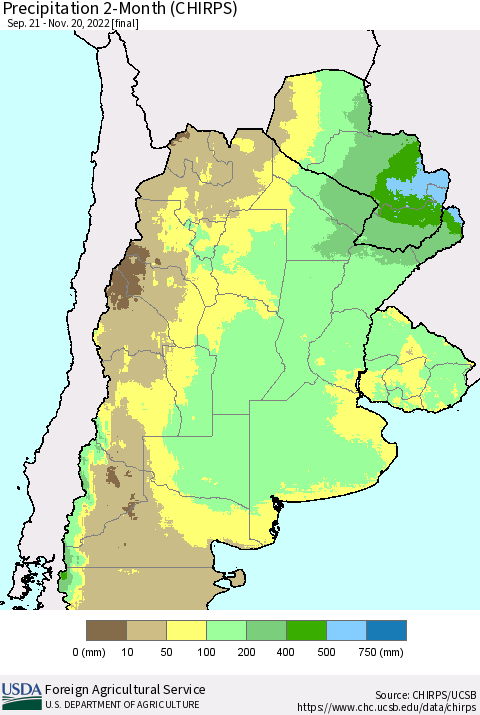 Southern South America Precipitation 2-Month (CHIRPS) Thematic Map For 9/21/2022 - 11/20/2022