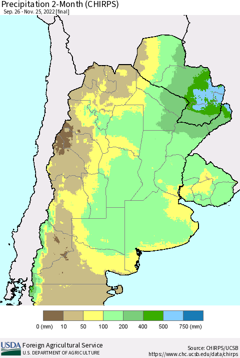 Southern South America Precipitation 2-Month (CHIRPS) Thematic Map For 9/26/2022 - 11/25/2022