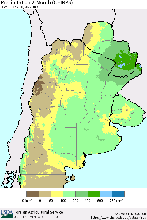 Southern South America Precipitation 2-Month (CHIRPS) Thematic Map For 10/1/2022 - 11/30/2022