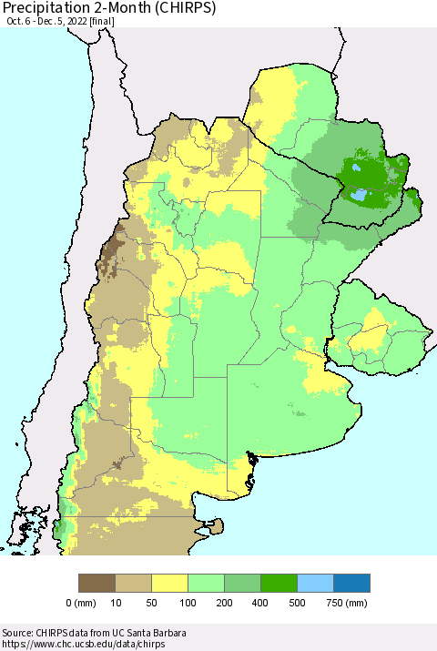 Southern South America Precipitation 2-Month (CHIRPS) Thematic Map For 10/6/2022 - 12/5/2022