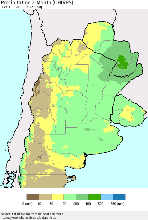 Southern South America Precipitation 2-Month (CHIRPS) Thematic Map For 10/11/2022 - 12/10/2022