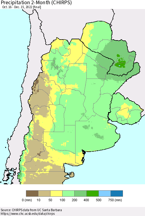 Southern South America Precipitation 2-Month (CHIRPS) Thematic Map For 10/16/2022 - 12/15/2022