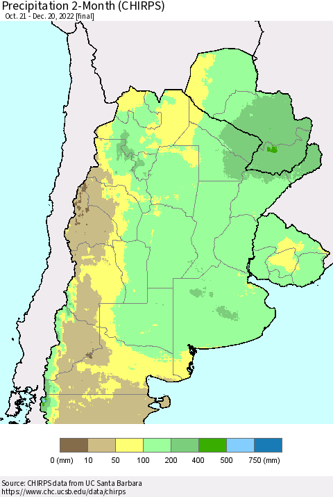 Southern South America Precipitation 2-Month (CHIRPS) Thematic Map For 10/21/2022 - 12/20/2022