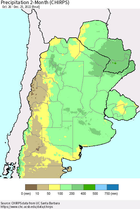 Southern South America Precipitation 2-Month (CHIRPS) Thematic Map For 10/26/2022 - 12/25/2022