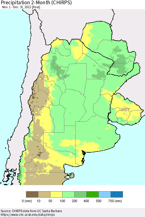 Southern South America Precipitation 2-Month (CHIRPS) Thematic Map For 11/1/2022 - 12/31/2022