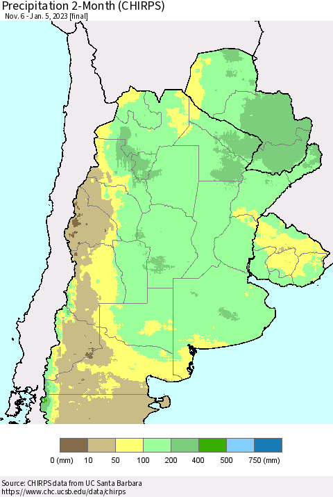 Southern South America Precipitation 2-Month (CHIRPS) Thematic Map For 11/6/2022 - 1/5/2023