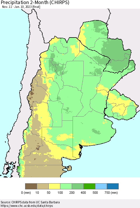 Southern South America Precipitation 2-Month (CHIRPS) Thematic Map For 11/11/2022 - 1/10/2023