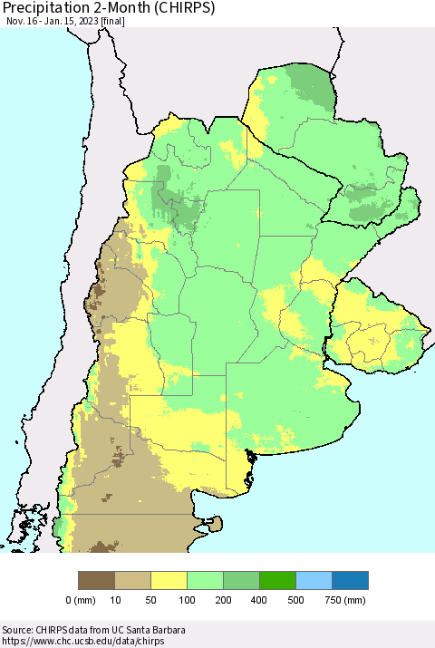 Southern South America Precipitation 2-Month (CHIRPS) Thematic Map For 11/16/2022 - 1/15/2023