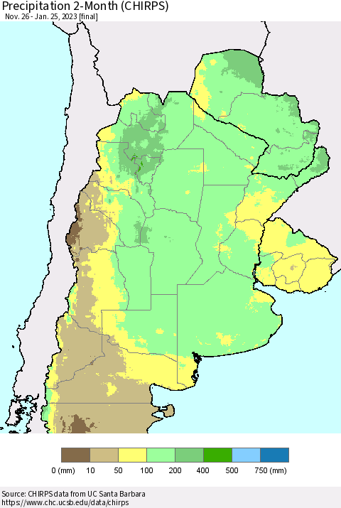 Southern South America Precipitation 2-Month (CHIRPS) Thematic Map For 11/26/2022 - 1/25/2023