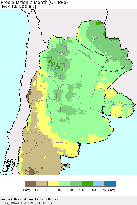 Southern South America Precipitation 2-Month (CHIRPS) Thematic Map For 12/6/2022 - 2/5/2023