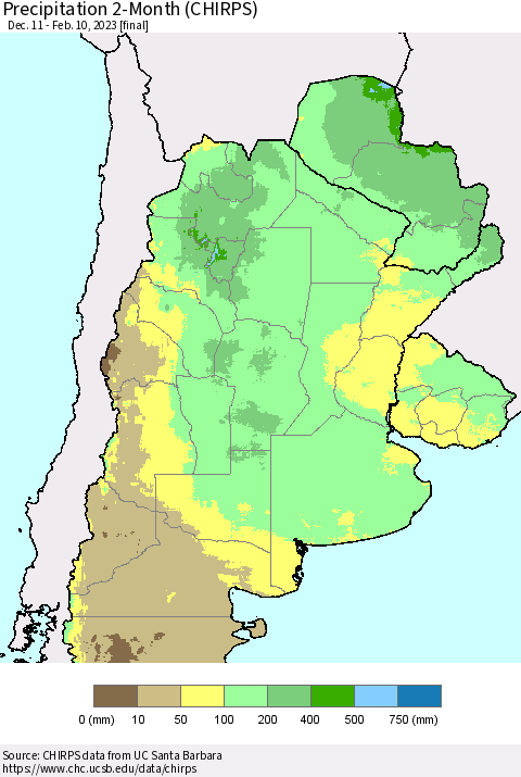 Southern South America Precipitation 2-Month (CHIRPS) Thematic Map For 12/11/2022 - 2/10/2023