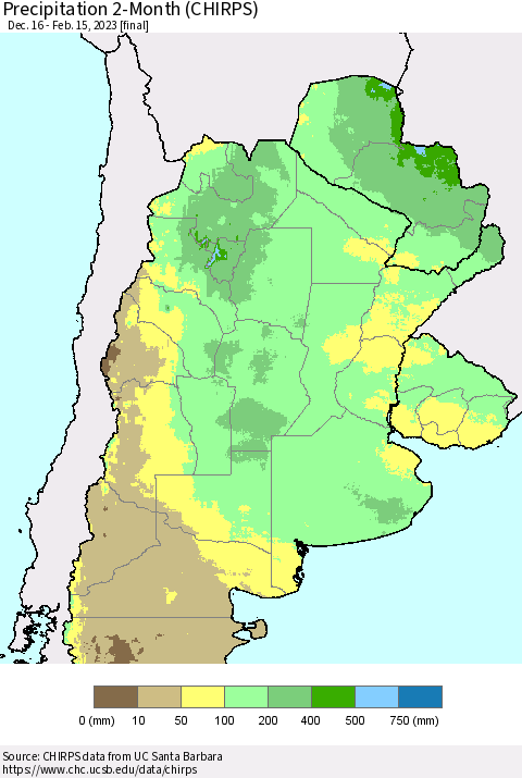 Southern South America Precipitation 2-Month (CHIRPS) Thematic Map For 12/16/2022 - 2/15/2023