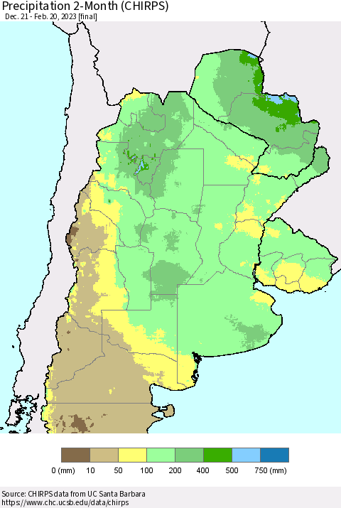 Southern South America Precipitation 2-Month (CHIRPS) Thematic Map For 12/21/2022 - 2/20/2023