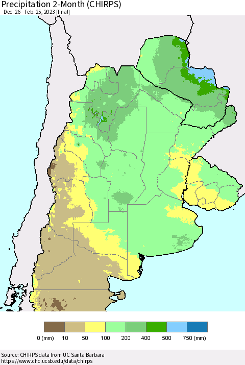 Southern South America Precipitation 2-Month (CHIRPS) Thematic Map For 12/26/2022 - 2/25/2023