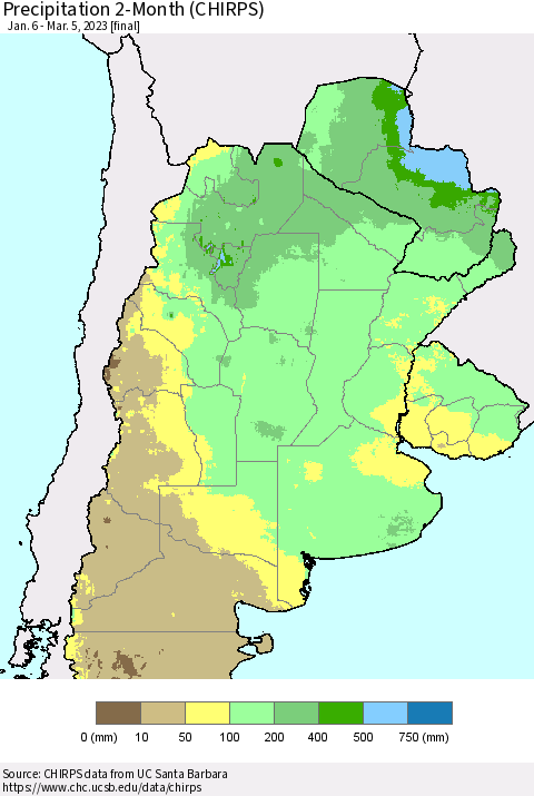 Southern South America Precipitation 2-Month (CHIRPS) Thematic Map For 1/6/2023 - 3/5/2023