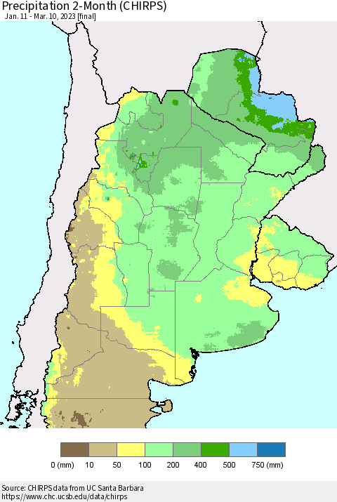 Southern South America Precipitation 2-Month (CHIRPS) Thematic Map For 1/11/2023 - 3/10/2023