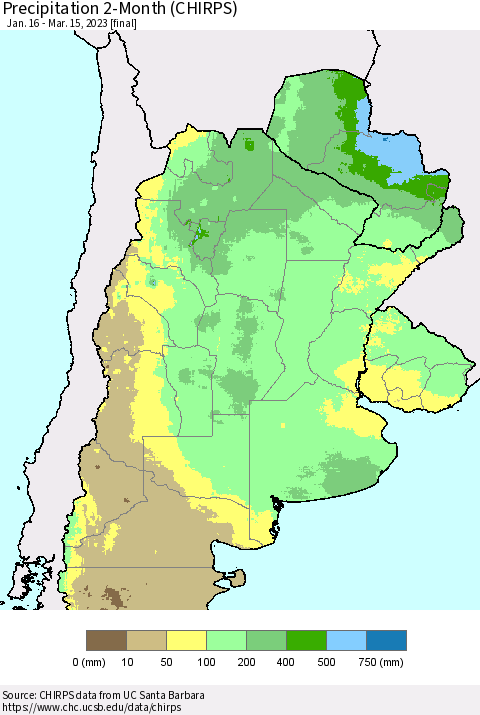 Southern South America Precipitation 2-Month (CHIRPS) Thematic Map For 1/16/2023 - 3/15/2023