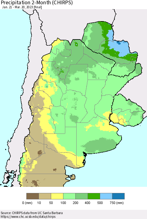 Southern South America Precipitation 2-Month (CHIRPS) Thematic Map For 1/21/2023 - 3/20/2023