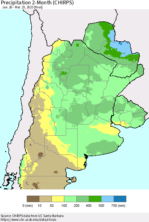 Southern South America Precipitation 2-Month (CHIRPS) Thematic Map For 1/26/2023 - 3/25/2023