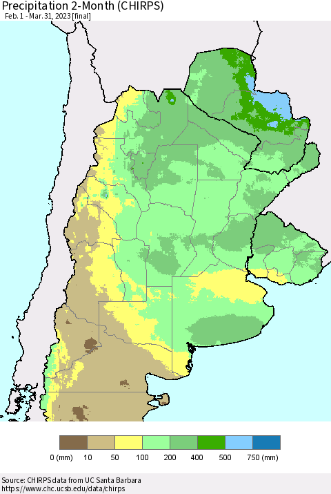 Southern South America Precipitation 2-Month (CHIRPS) Thematic Map For 2/1/2023 - 3/31/2023
