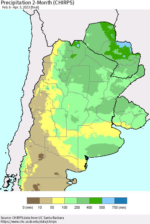 Southern South America Precipitation 2-Month (CHIRPS) Thematic Map For 2/6/2023 - 4/5/2023
