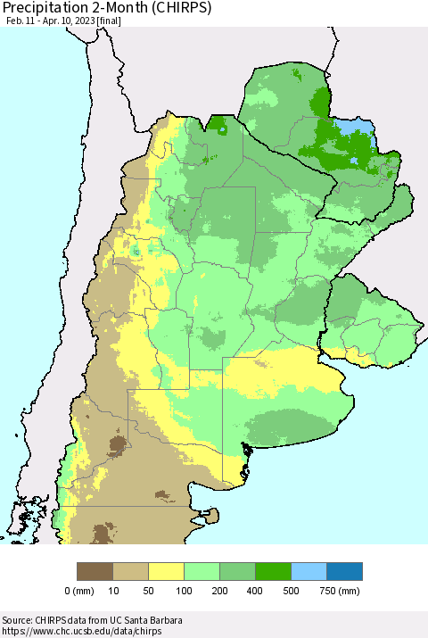 Southern South America Precipitation 2-Month (CHIRPS) Thematic Map For 2/11/2023 - 4/10/2023