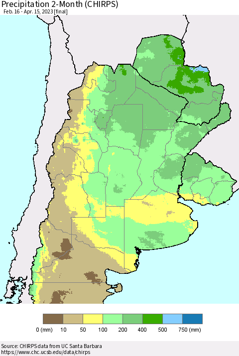 Southern South America Precipitation 2-Month (CHIRPS) Thematic Map For 2/16/2023 - 4/15/2023