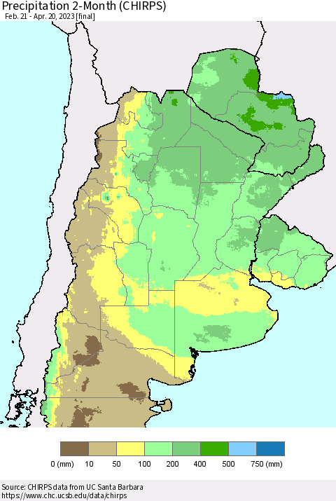 Southern South America Precipitation 2-Month (CHIRPS) Thematic Map For 2/21/2023 - 4/20/2023