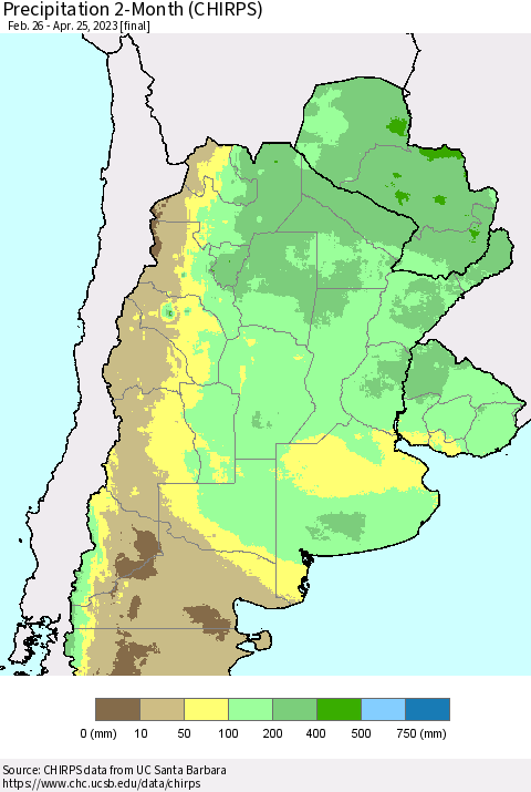 Southern South America Precipitation 2-Month (CHIRPS) Thematic Map For 2/26/2023 - 4/25/2023
