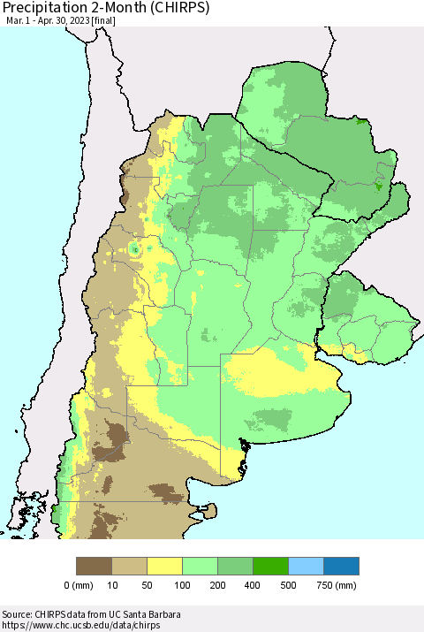 Southern South America Precipitation 2-Month (CHIRPS) Thematic Map For 3/1/2023 - 4/30/2023