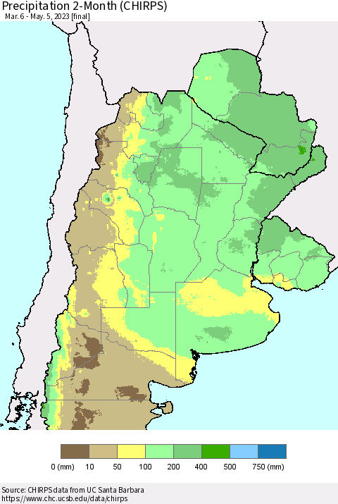 Southern South America Precipitation 2-Month (CHIRPS) Thematic Map For 3/6/2023 - 5/5/2023