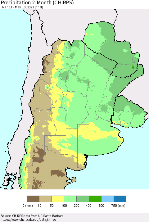 Southern South America Precipitation 2-Month (CHIRPS) Thematic Map For 3/11/2023 - 5/10/2023