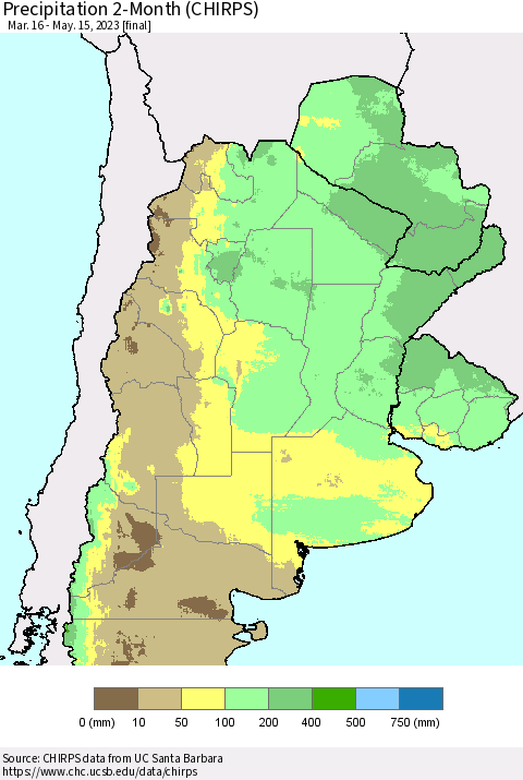 Southern South America Precipitation 2-Month (CHIRPS) Thematic Map For 3/16/2023 - 5/15/2023