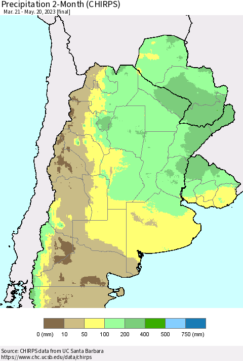 Southern South America Precipitation 2-Month (CHIRPS) Thematic Map For 3/21/2023 - 5/20/2023