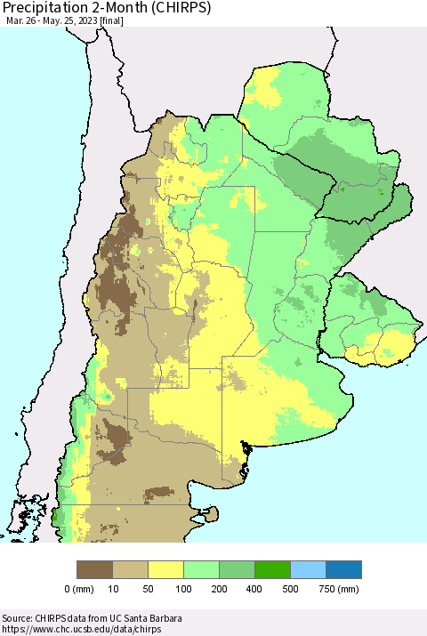 Southern South America Precipitation 2-Month (CHIRPS) Thematic Map For 3/26/2023 - 5/25/2023